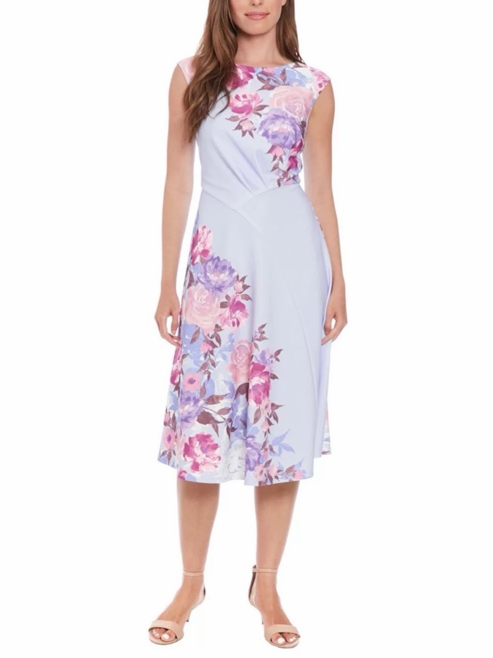 London Times Light Blue Floral Midi Dress with Pink and Purple Accents